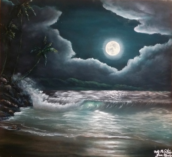 “Moonlight over Maui” is 15”x15” is $1200 Grinded, etched metal, acrylic paint and oil paint, automotive clear coat